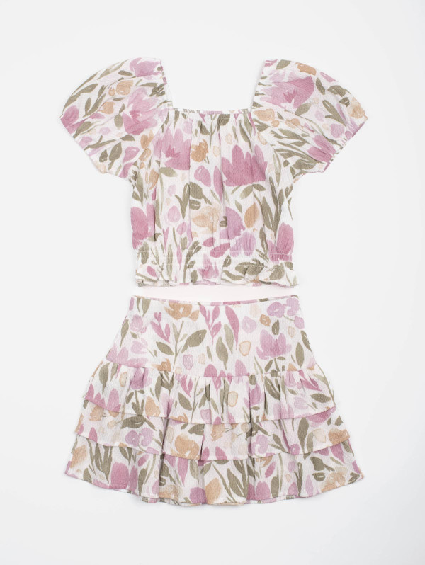 Ensemble fille top jupe fleurs aquarelle | MaBoutiquePlus