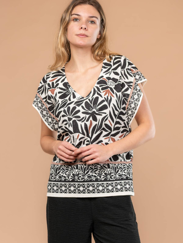 Top maille crépon fleurs strass | MaBoutiquePlus