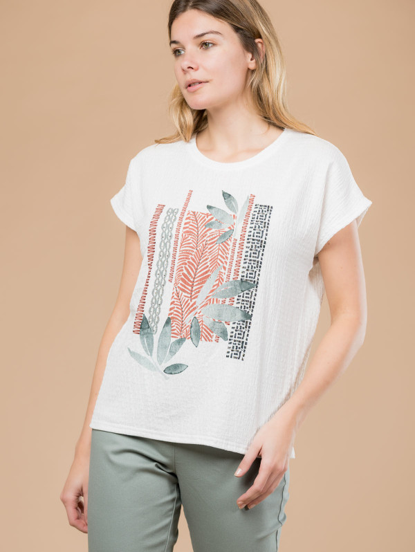 Tee-shirt femme feuilles maille crépon | MaBoutiquePlus