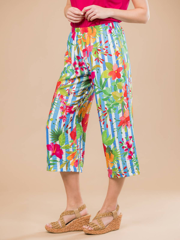 Pantalon court femme rayures fleurs | MaBoutiquePlus