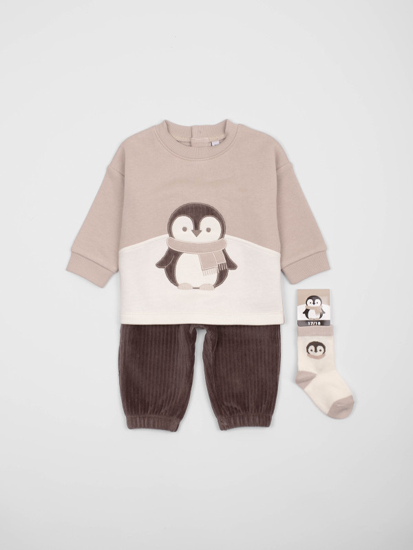 Ensemble bébé-garçon sweat velours pingouin | MaBoutiquePlus