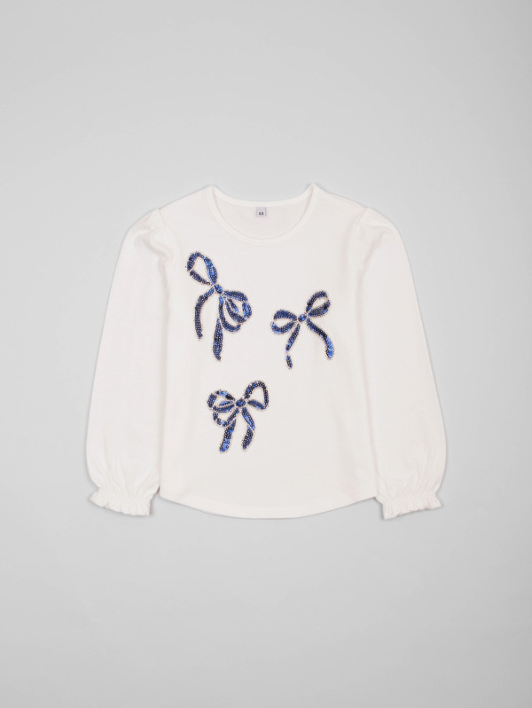 Tee-shirt fille nœuds perles sequins | MaBoutiquePlus