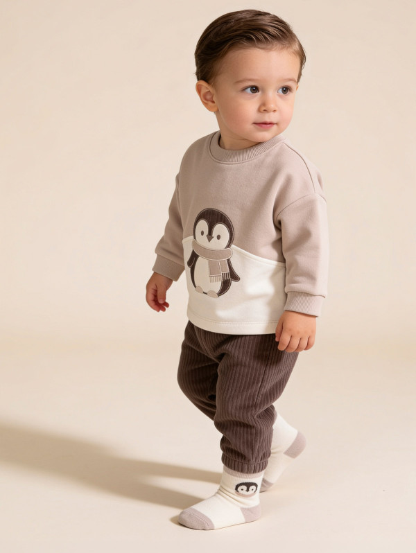 Ensemble bébé-garçon sweat velours pingouin | MaBoutiquePlus
