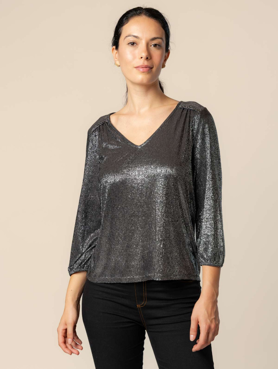 Top col V maille fantaisie | MaBoutiquePlus
