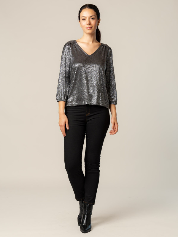 Top col V maille fantaisie | MaBoutiquePlus