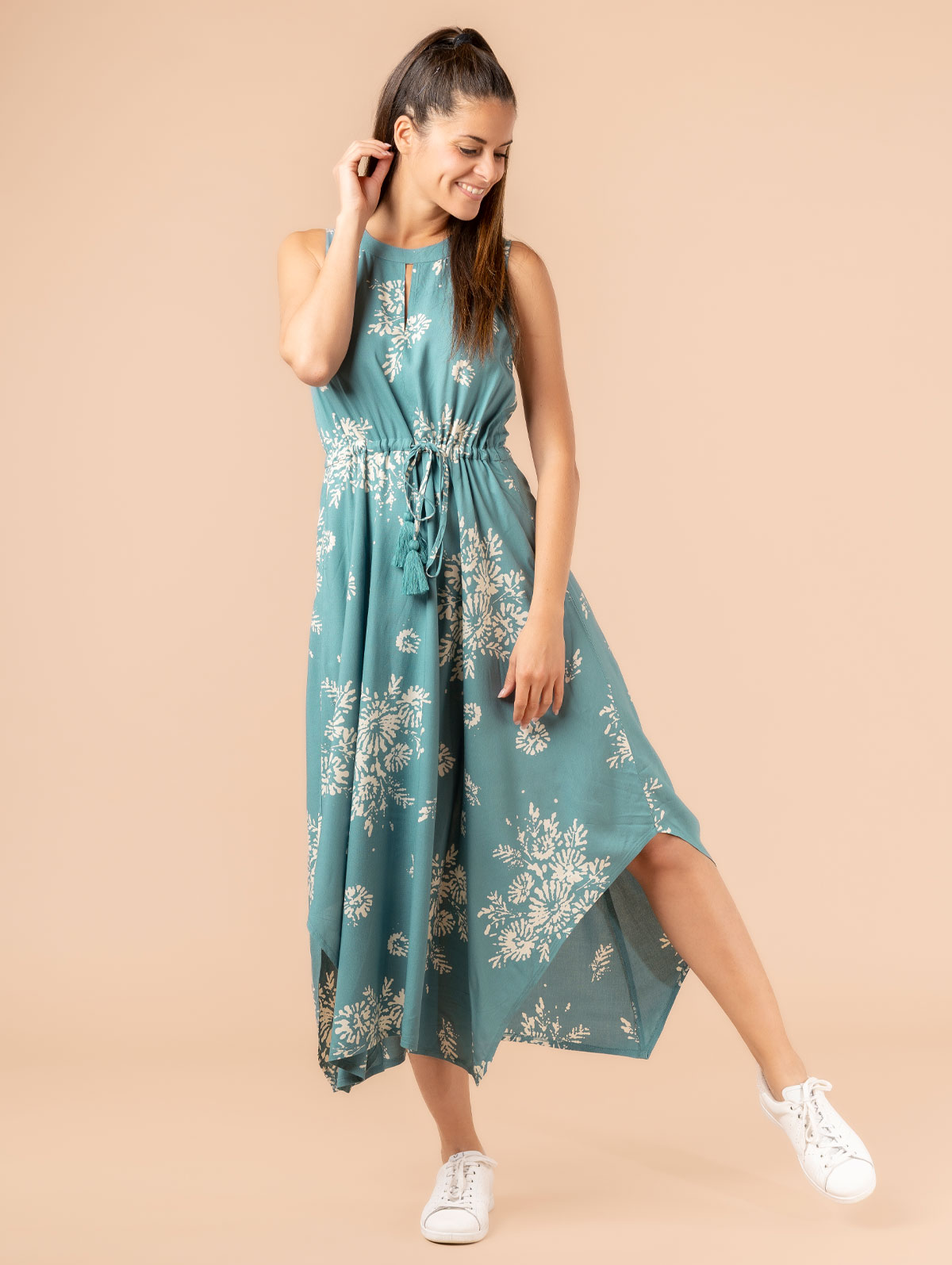 Robe longue femme asymétrique imprimé bicolore