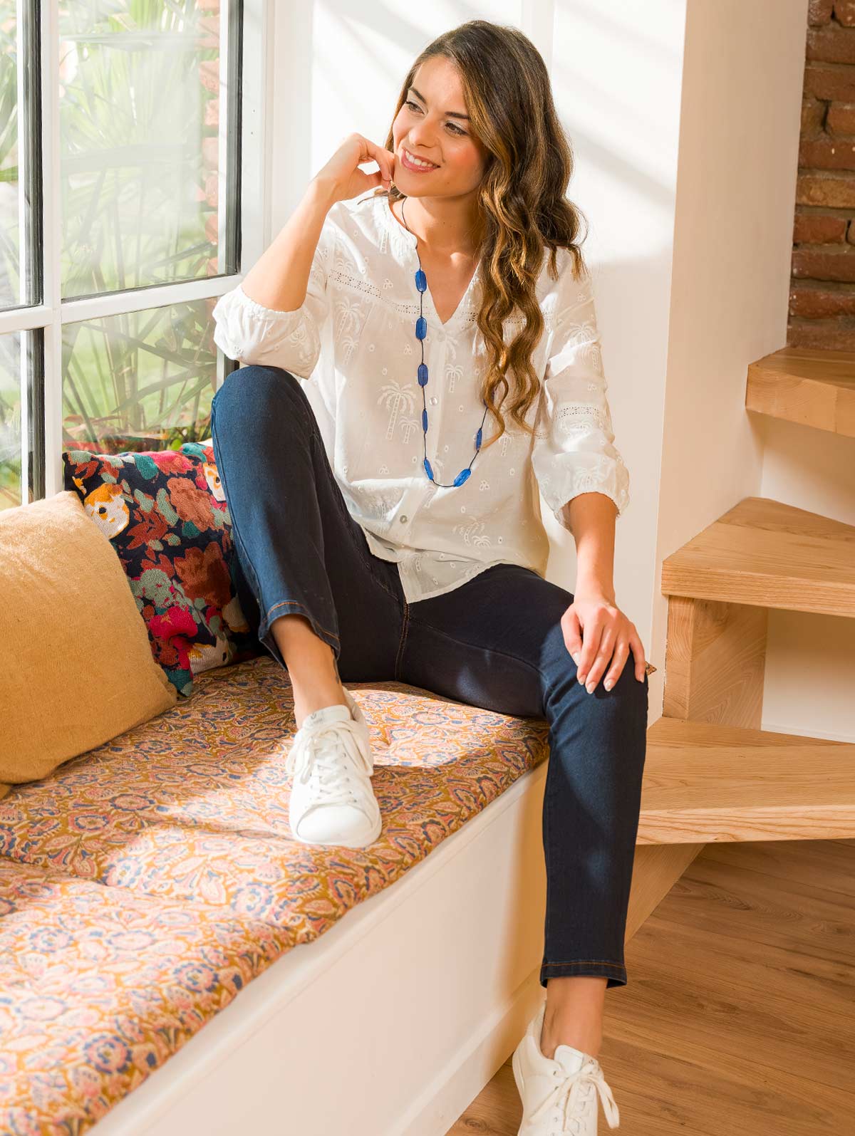 Blouse broderies palmiers macramé