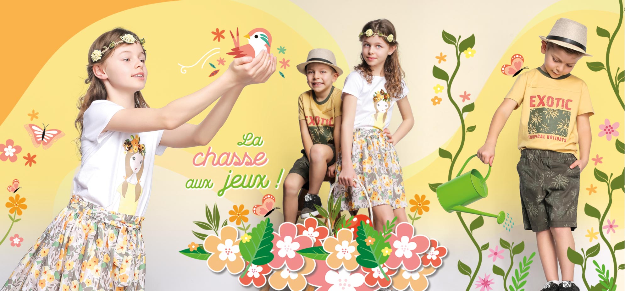 Tendance Pâques 2020-ambiance imprimés fleurs-tons jaune et kaki-fille et garçon